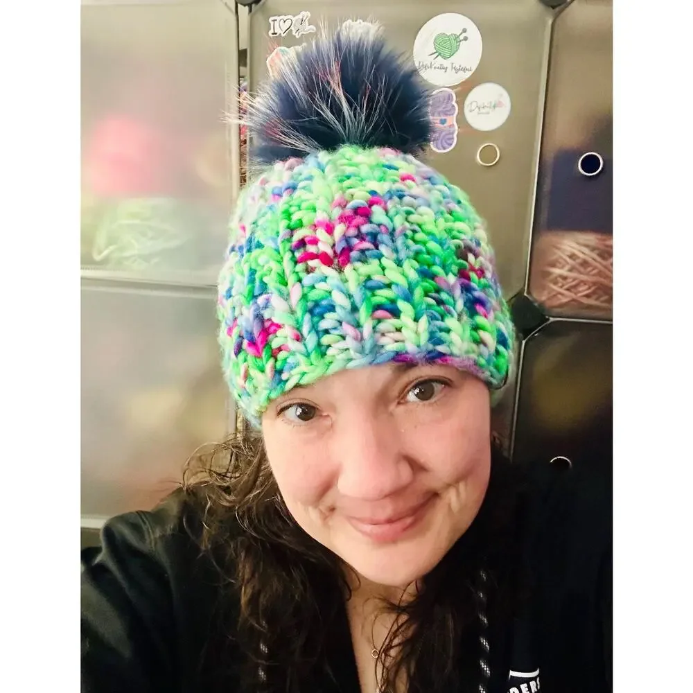 Hand Knit Merino Wool Beanie: DefiKnitly Tasteful Knit Hat with Faux Fur Pom